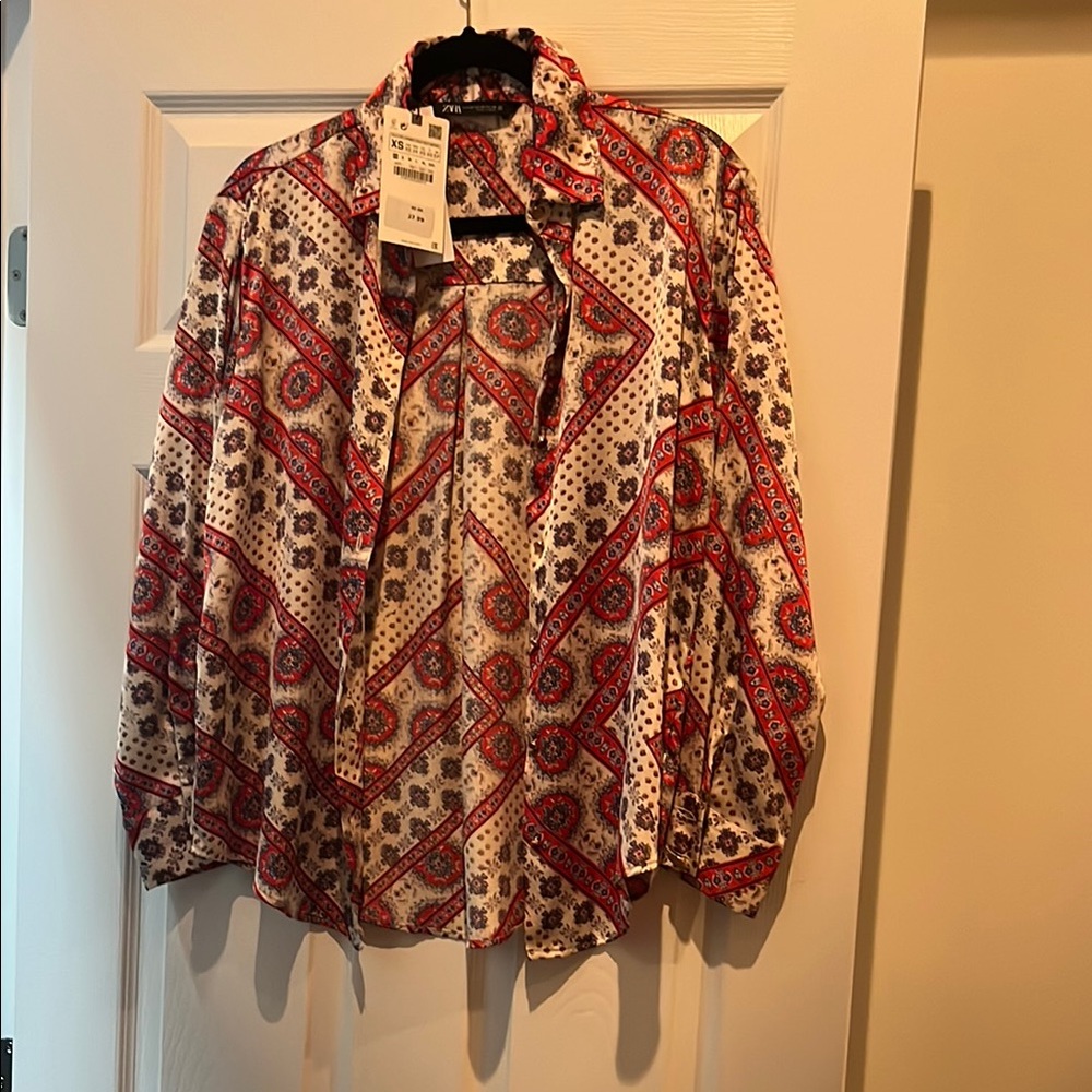 Red and White Patterned Blouse